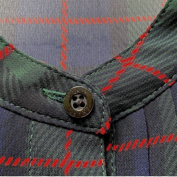 CHAPS Plaid Tunic Blouse Size Medium Navy Blue Green Plaid Chiffon Button Up Top - Picture 7 of 9